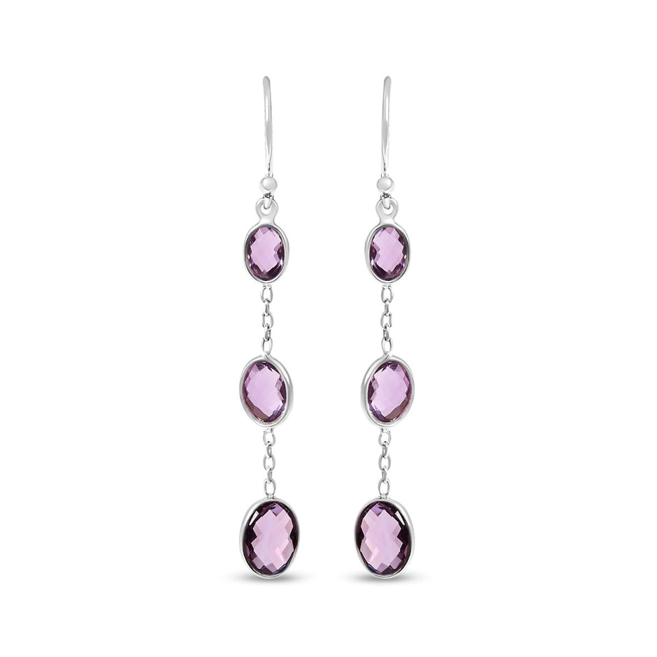 .925 Sterling Silver Checkerboard Cut Oval Purple Amethyst 2" Inch Drop and Dangle Earrings - Earrings - Custom Crafting Alliance, LLC