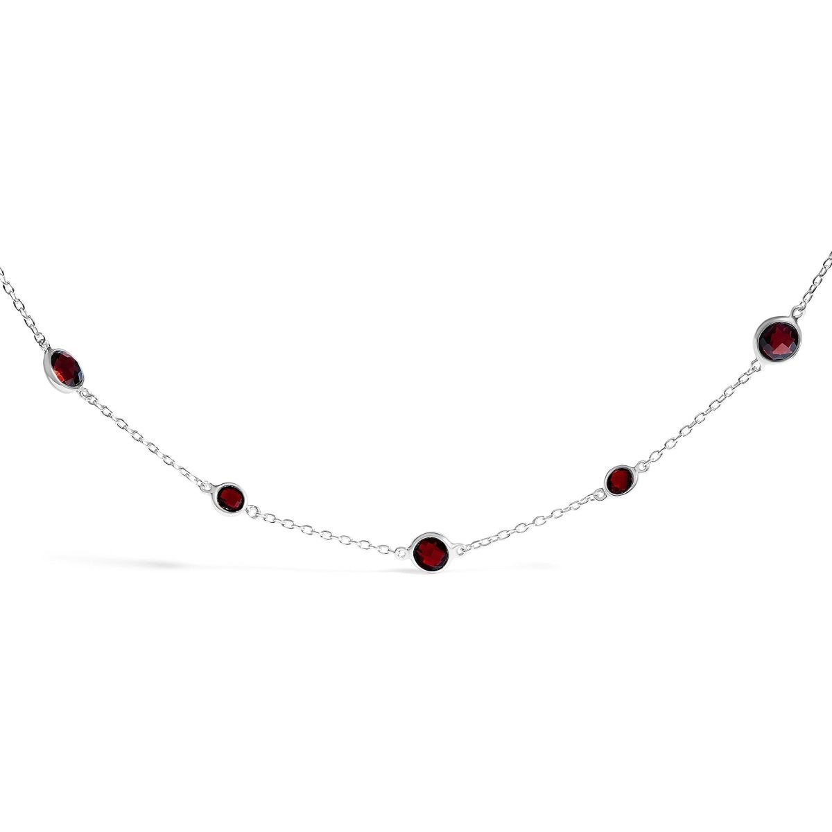 .925 Sterling Silver Checkerboard Cut Red Garnet Bezel Station Necklace - 22