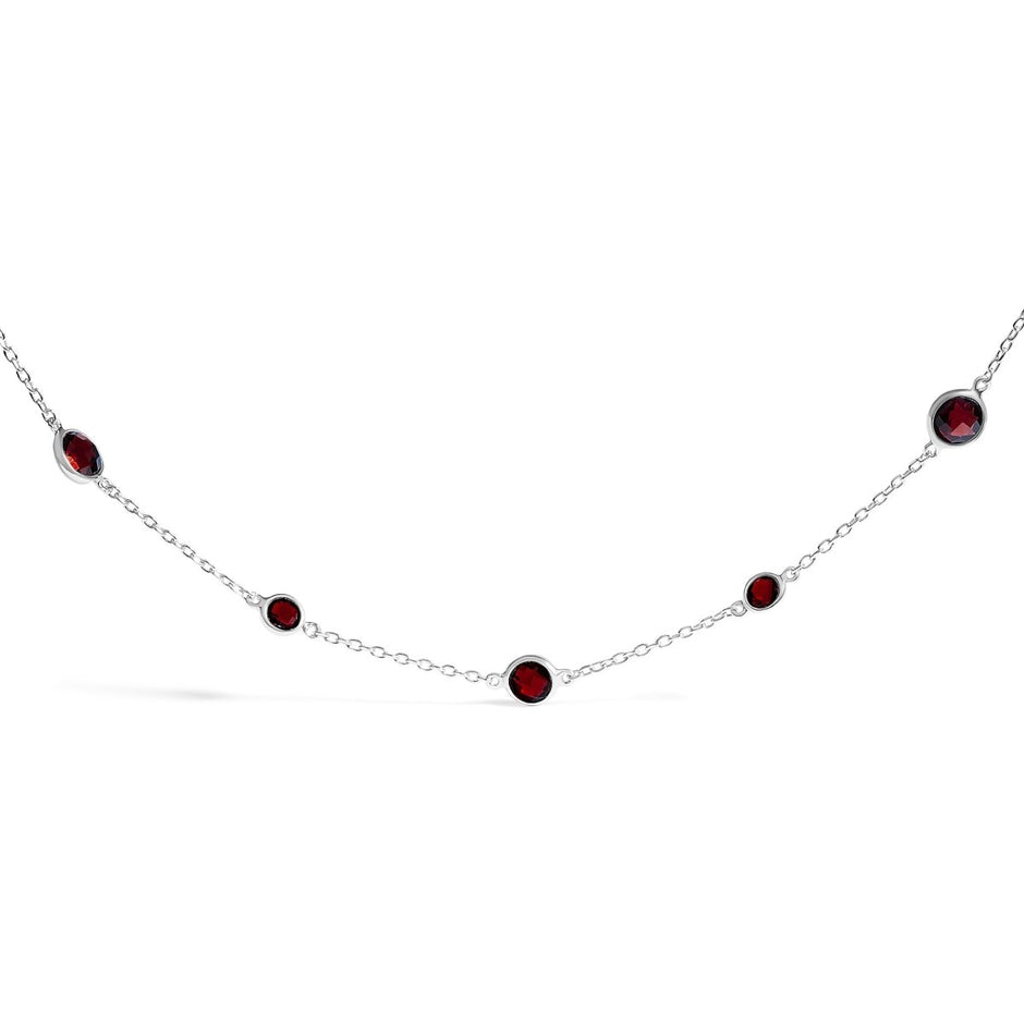 .925 Sterling Silver Checkerboard Cut Red Garnet Bezel Station Necklace - 22" Inches - Necklaces - Custom Crafting Alliance, LLC