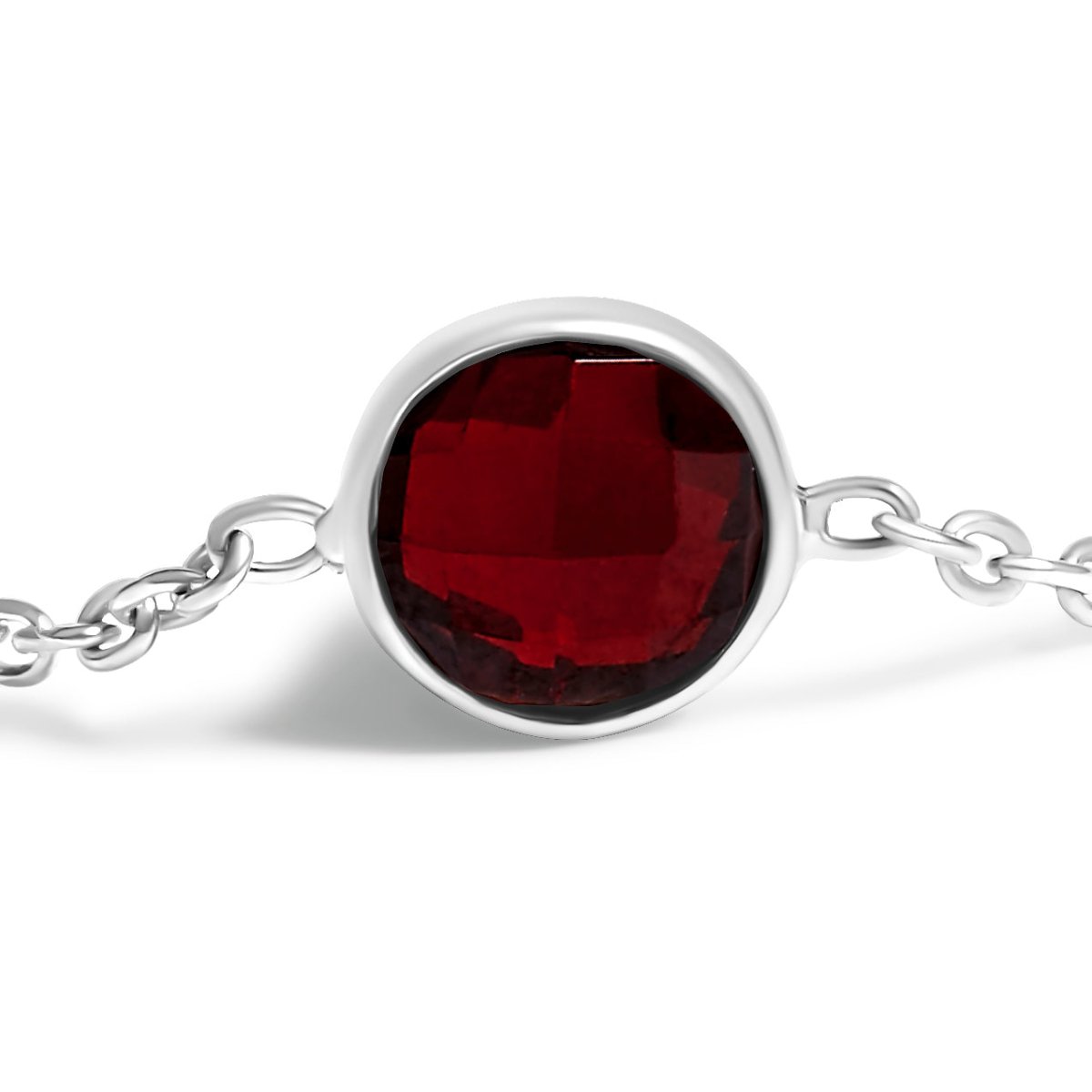 .925 Sterling Silver Checkerboard Cut Red Garnet Bezel Station Necklace - 22