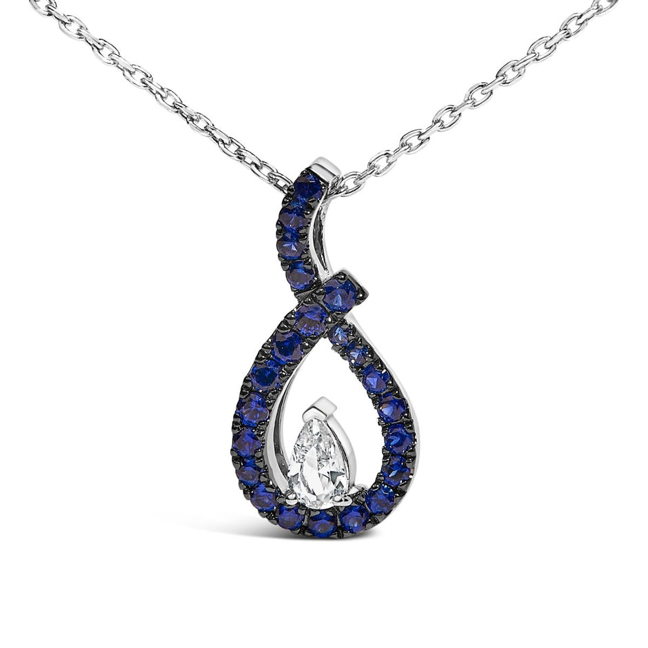 .925 Sterling Silver Created Blue and White Sapphire Teardrop Shaped Pendant Necklace - 18