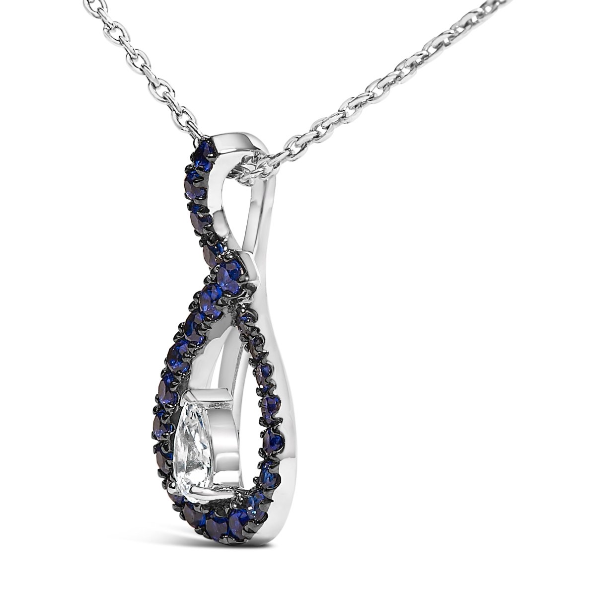 .925 Sterling Silver Created Blue and White Sapphire Teardrop Shaped Pendant Necklace - 18