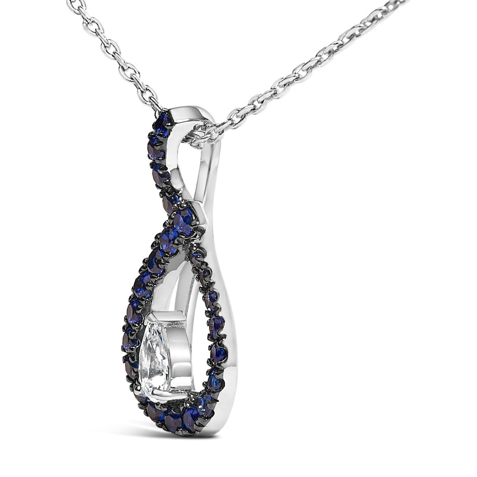 .925 Sterling Silver Created Blue and White Sapphire Teardrop Shaped Pendant Necklace - 18