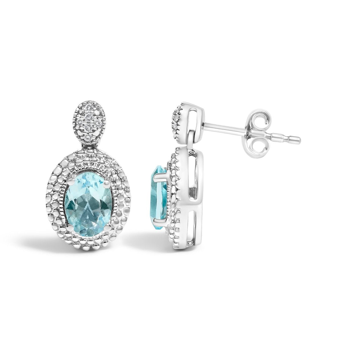 .925 Sterling Silver Diamond Accent and Oval Blue Topaz with Beaded Halo Drop Stud Earrings (I-J color, I1-I2 Clarity) - Earrings - Custom Crafting Alliance, LLC