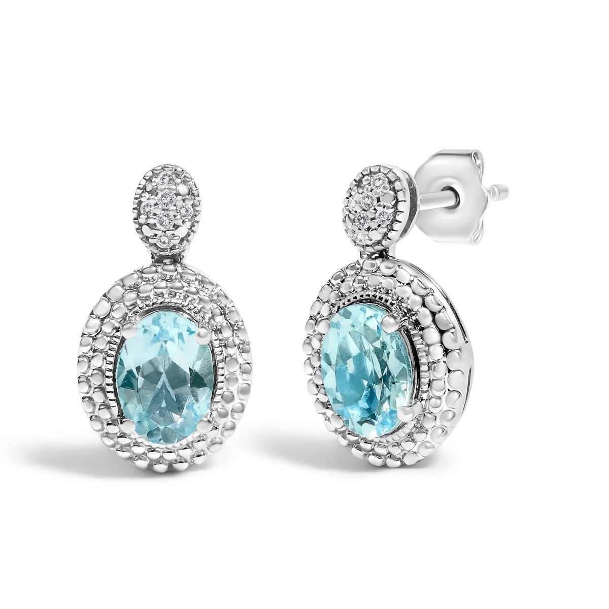 .925 Sterling Silver Diamond Accent and Oval Blue Topaz with Beaded Halo Drop Stud Earrings (I-J color, I1-I2 Clarity) - Earrings - Custom Crafting Alliance, LLC