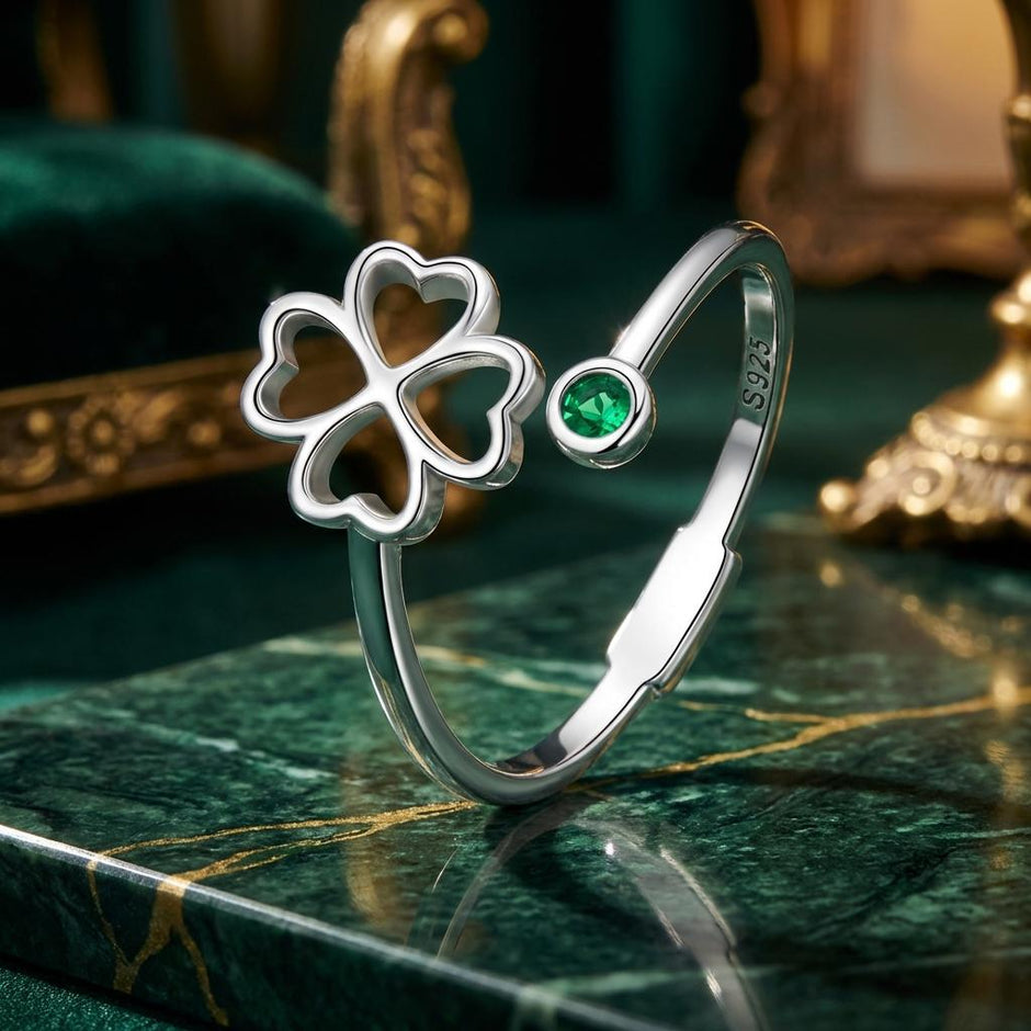925 Sterling Silver Four-Leaf Clover Ring with Pavé CZ - 0.15cm Width - Rings - Custom Crafting Alliance, LLC