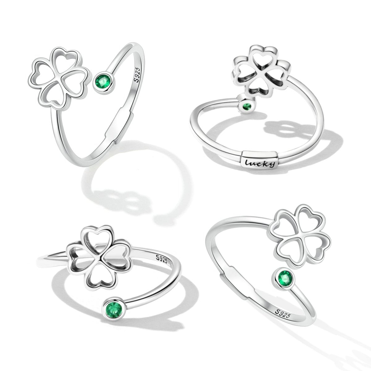 925 Sterling Silver Four-Leaf Clover Ring with Pavé CZ - 0.15cm Width - Rings - Custom Crafting Alliance, LLC