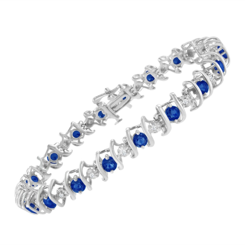 .925 Sterling Silver, Lab-Grown Gemstone and 4 Cttw Round Diamond Tennis Bracelet (H-I Color, I1-I2 Clarity) - Created Blue Sapphire, September Birthstone - Bracelets - Custom Crafting Alliance, LLC