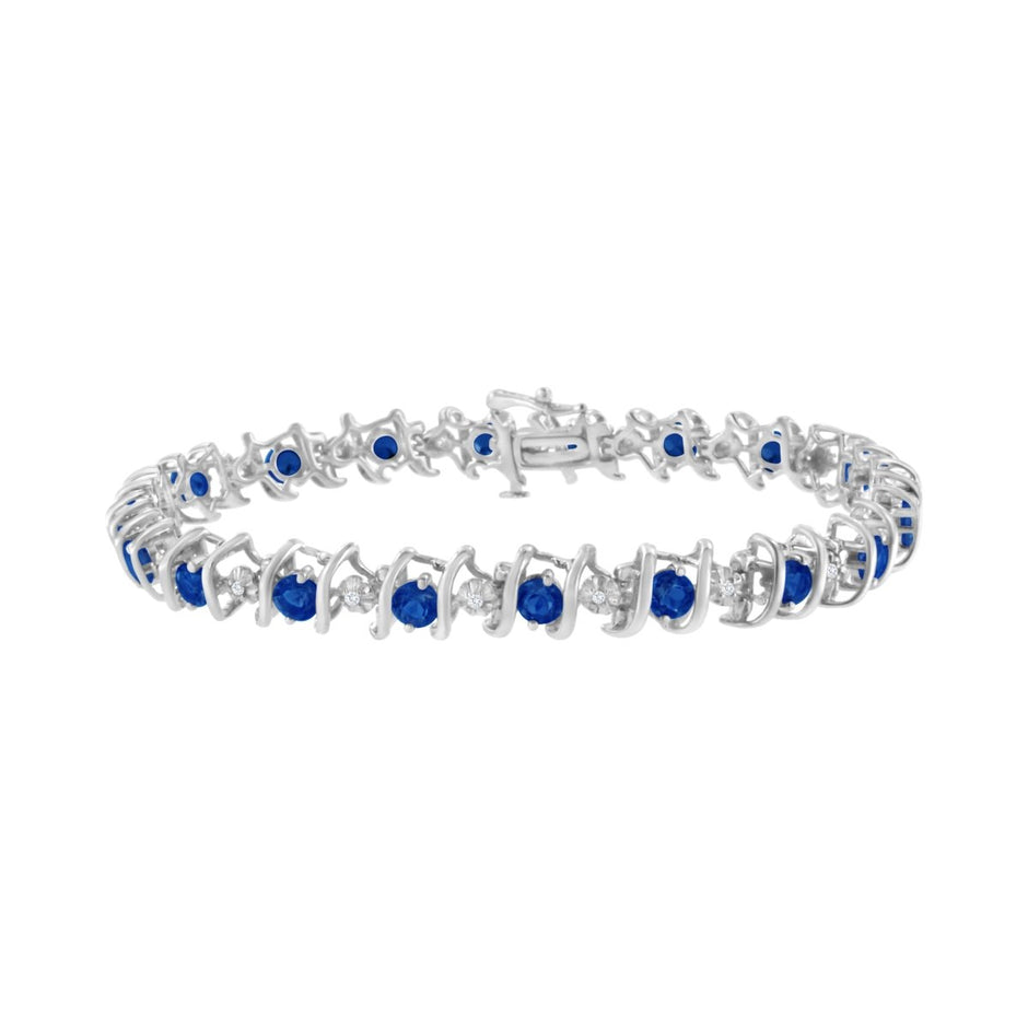 .925 Sterling Silver, Lab-Grown Gemstone and 4 Cttw Round Diamond Tennis Bracelet (H-I Color, I1-I2 Clarity) - Created Blue Sapphire, September Birthstone - Bracelets - Custom Crafting Alliance, LLC