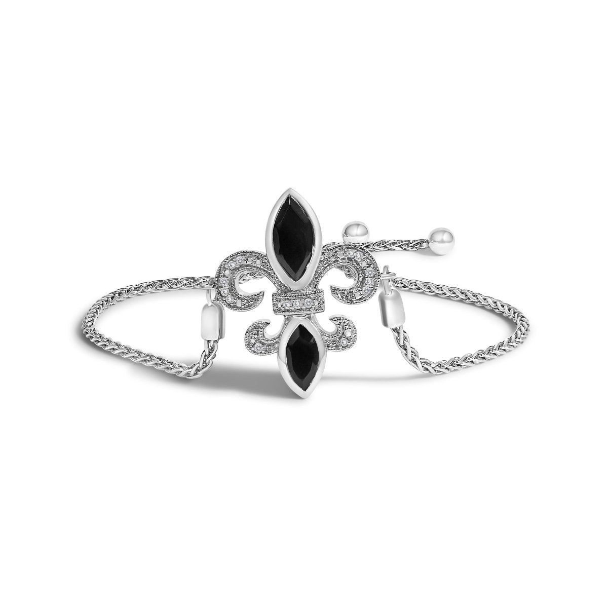 .925 Sterling Silver Marquise Black Onyx and Diamond Accent Lariat 4â€-10â€ Fleur De Lis Adjustable Bolo Bracelet (I-J Color, I1-I2 Clarity) - Bracelets - Custom Crafting Alliance, LLC