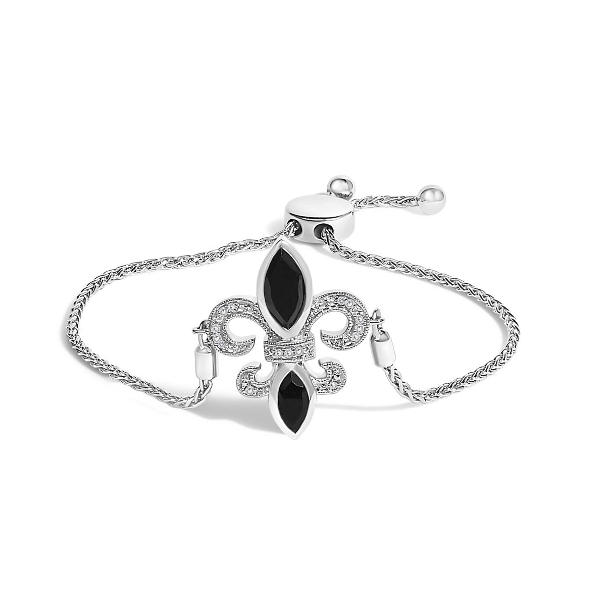 .925 Sterling Silver Marquise Black Onyx and Diamond Accent Lariat 4â€-10â€ Fleur De Lis Adjustable Bolo Bracelet (I-J Color, I1-I2 Clarity) - Bracelets - Custom Crafting Alliance, LLC