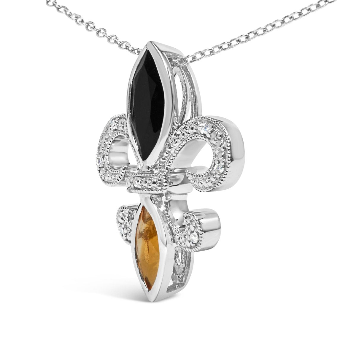 .925 Sterling Silver Marquise Onyx and Citrine and Diamond Accent Fleur De Lis Pendant Necklace (H-I Color, SI1-SI2 Clarity) - 18
