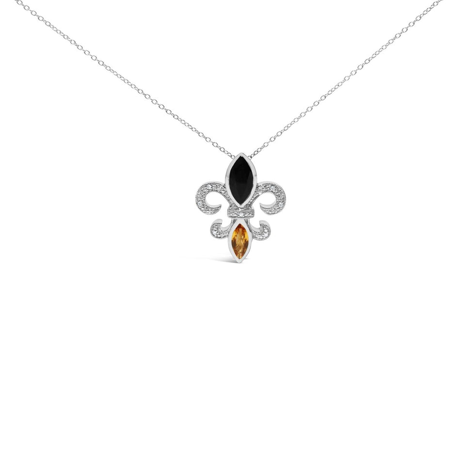 .925 Sterling Silver Marquise Onyx and Citrine and Diamond Accent Fleur De Lis Pendant Necklace (H-I Color, SI1-SI2 Clarity) - 18" - Necklaces - Custom Crafting Alliance, LLC
