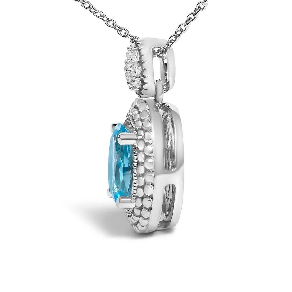 .925 Sterling Silver Oval Blue Topaz and Diamond Accent with Beaded Halo Pendant Necklace - 18