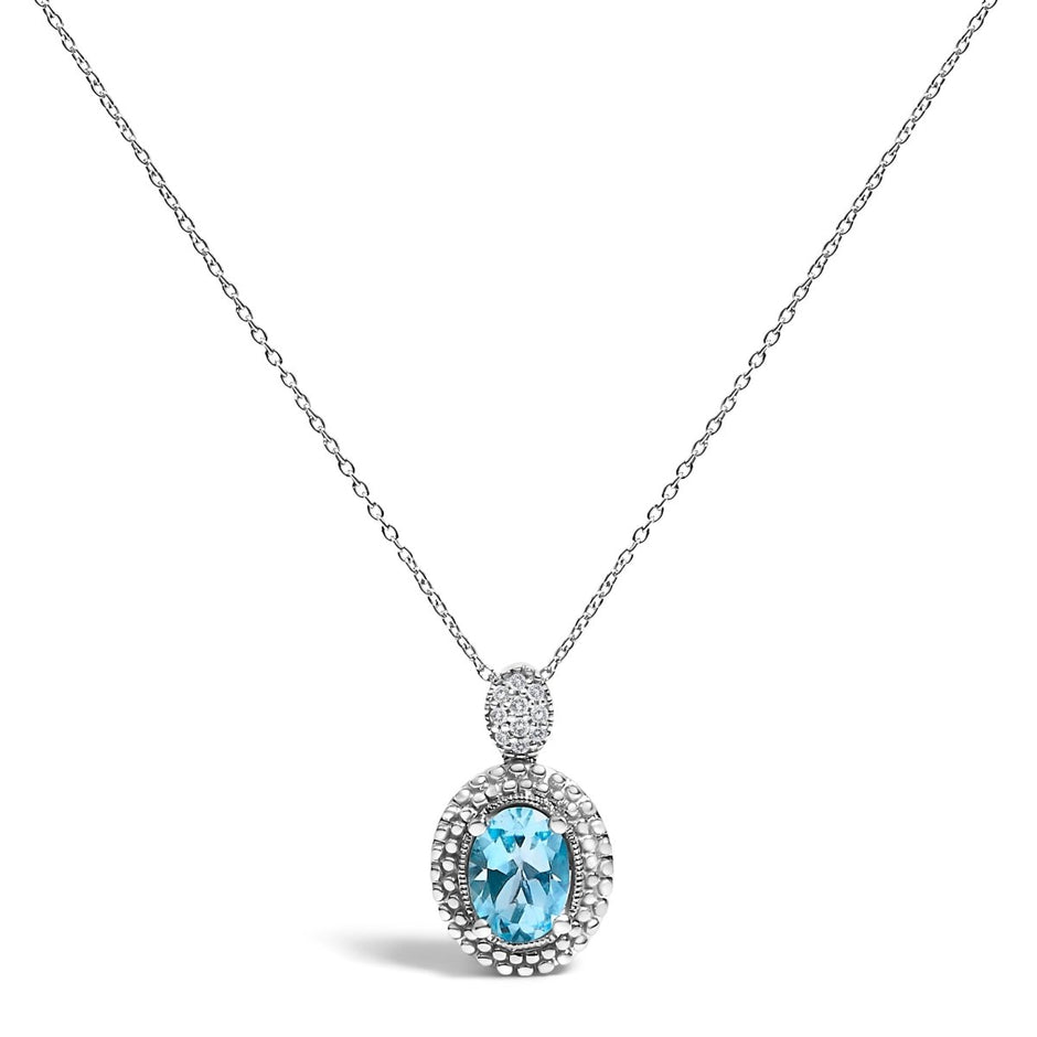 .925 Sterling Silver Oval Blue Topaz and Diamond Accent with Beaded Halo Pendant Necklace - 18" Inches - Necklaces - Custom Crafting Alliance, LLC