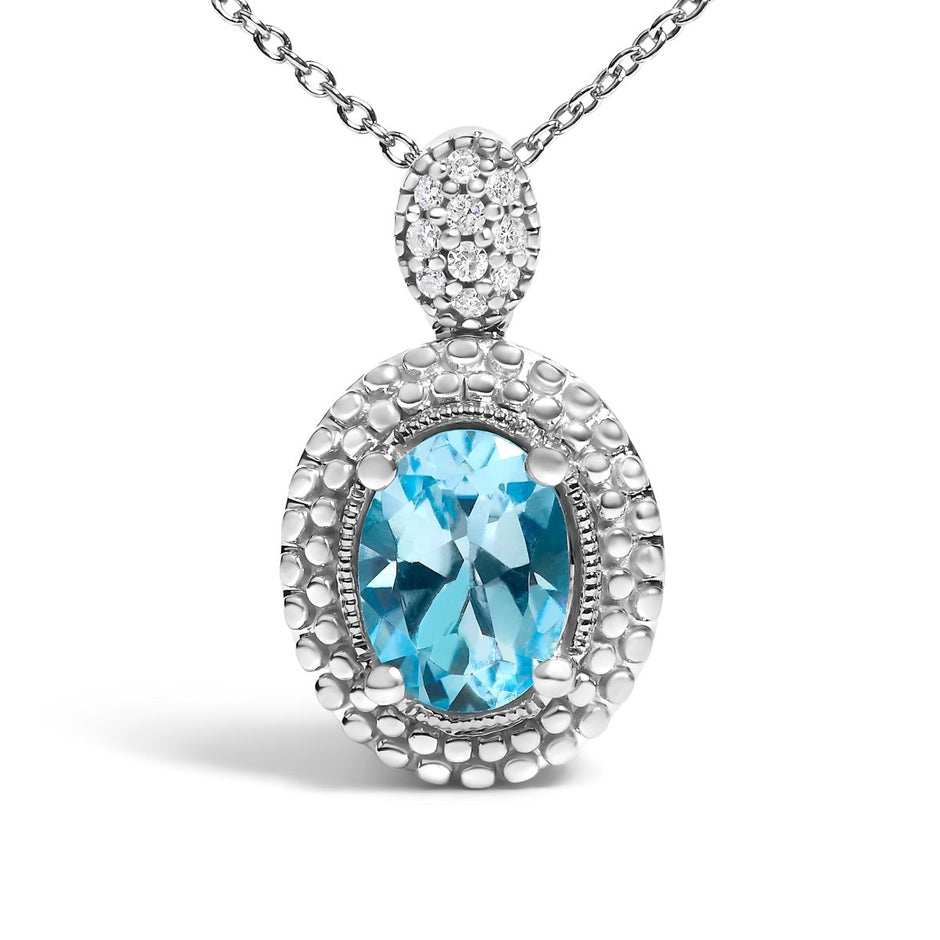 .925 Sterling Silver Oval Blue Topaz and Diamond Accent with Beaded Halo Pendant Necklace - 18