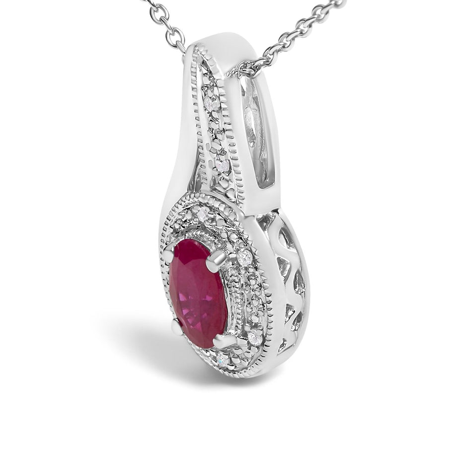 .925 Sterling Silver Red Ruby and Diamond Accent Milgrain Swirl Pendant Necklace - 18
