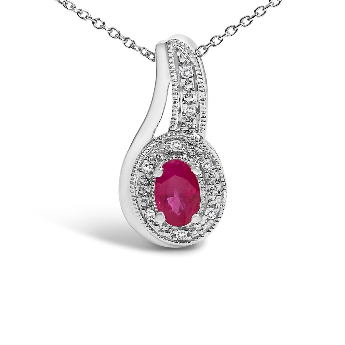 .925 Sterling Silver Red Ruby and Diamond Accent Milgrain Swirl Pendant Necklace - 18