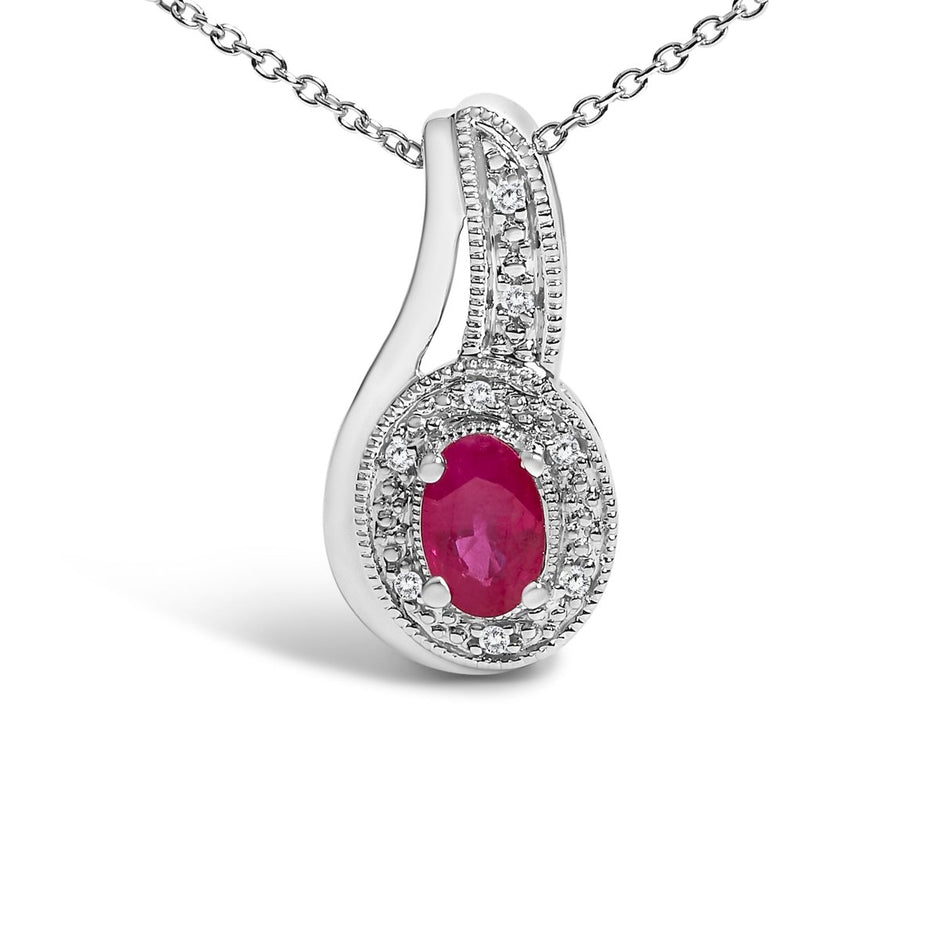 .925 Sterling Silver Red Ruby and Diamond Accent Milgrain Swirl Pendant Necklace - 18