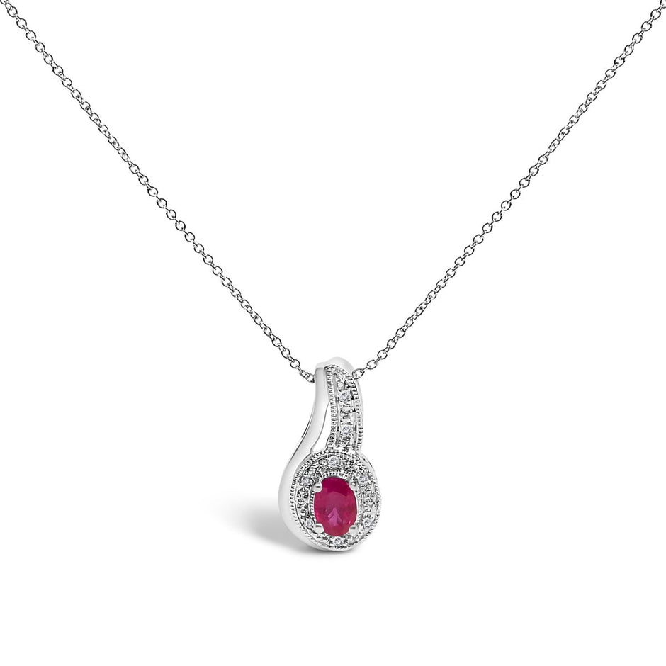 .925 Sterling Silver Red Ruby and Diamond Accent Milgrain Swirl Pendant Necklace - 18" Inches - Necklaces - Custom Crafting Alliance, LLC