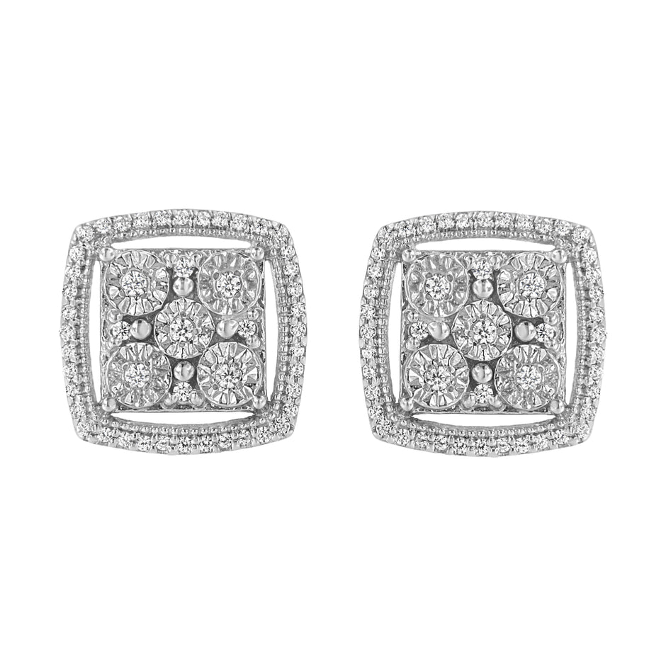 .925 Sterling Silver 3/8 Cttw Miracle Set Round Diamond Double Halo Cluster Earrings (I-J Color, I2-I3 Clarity)