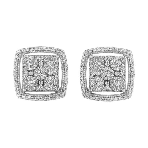.925 Sterling Silver 3/8 Cttw Miracle Set Round Diamond Double Halo Cluster Earrings (I-J Color, I2-I3 Clarity)