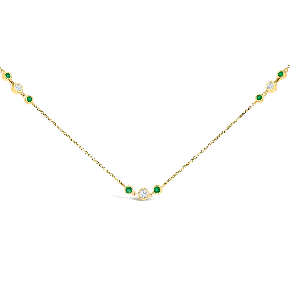 14K Yellow Gold Emerald and 1/2 Cttw Diamond Station Necklace