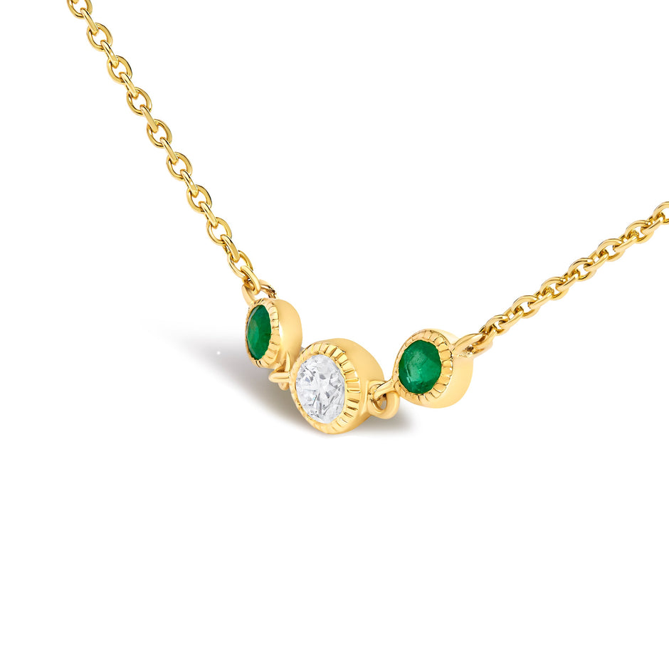 14K Yellow Gold Emerald and 1/2 Cttw Diamond Station Necklace