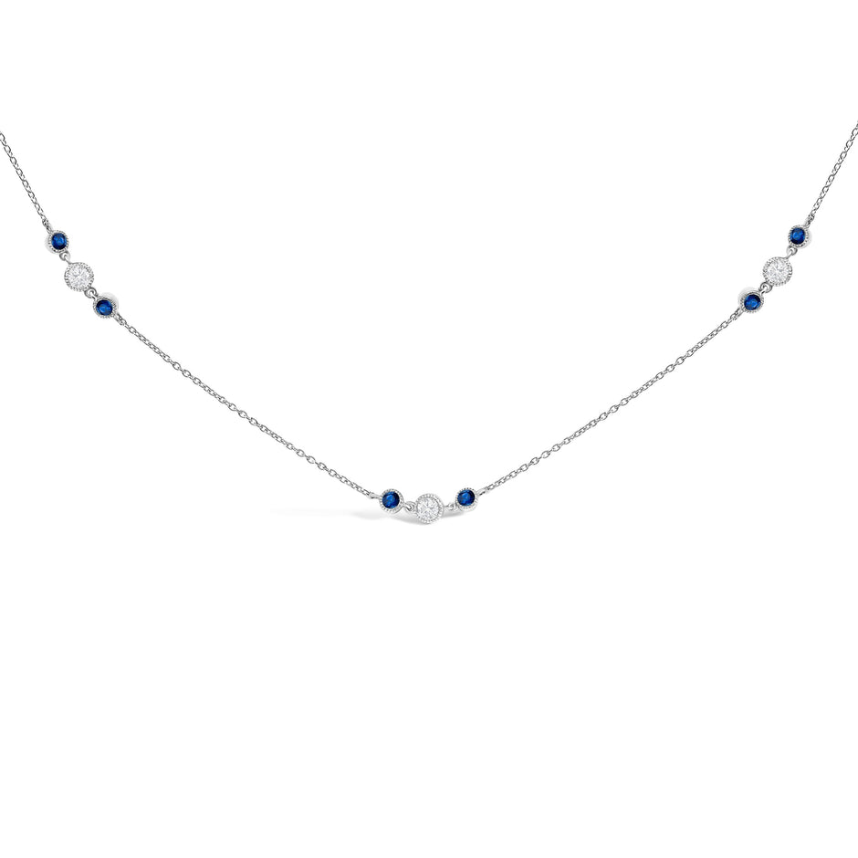 14K White Gold Sapphire and 1/2 Cttw Diamond Station Necklace
