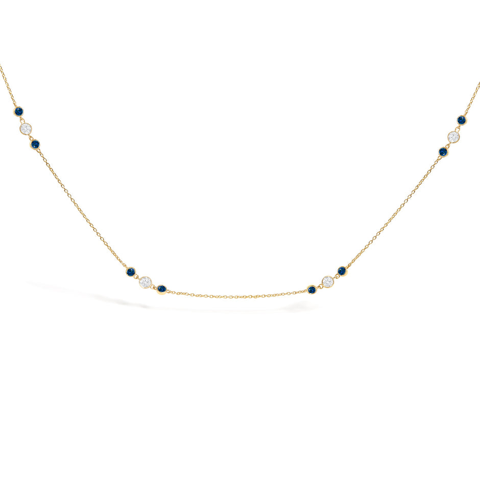 14K Yellow Gold Sapphire and 1/2 Cttw Diamond Station Necklace