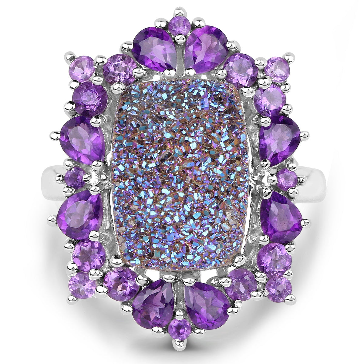 5.97 Carat Genuine Drusy Quartz and Amethyst .925 Sterling Silver Ring