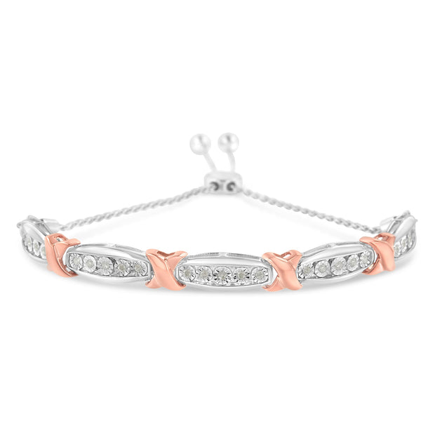 .925 Sterling Silver 1/4 Cttw Round-Cut Diamond X & Tapered Bar Miracle-Set Bolo Bracelet (I-J Color, I3 Clarity) - Two Tone Rose Gold & Silver