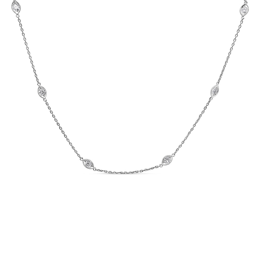 14K White Gold 1.00 Cttw Bezel Set Round Diamond Marquise Shaped Milgrain Station 18