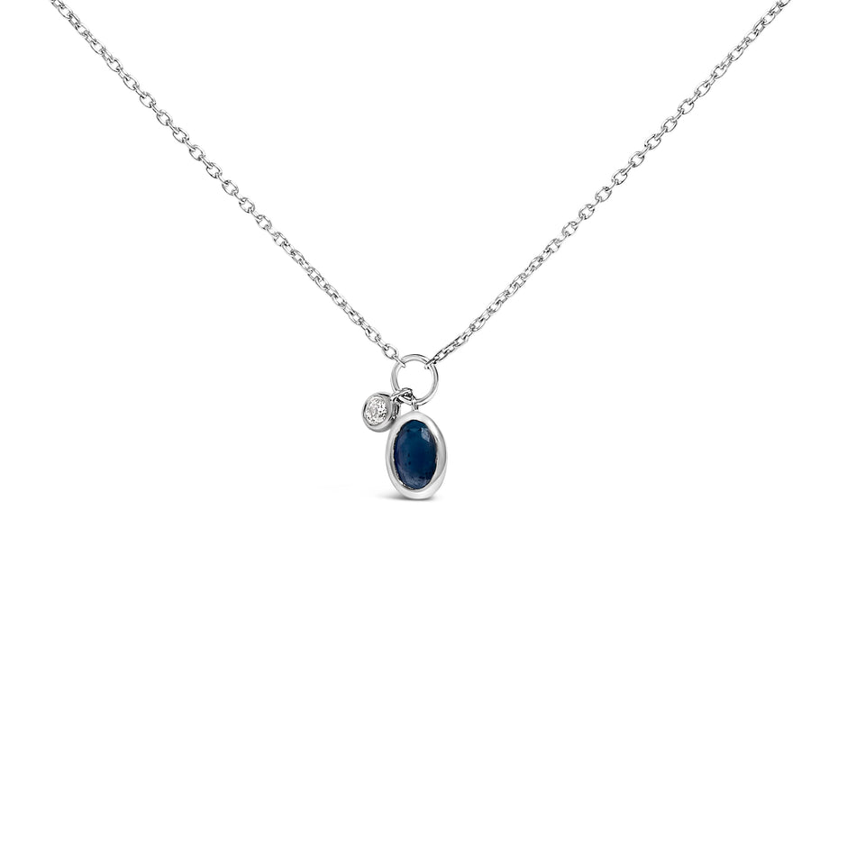 10K White Gold Oval Blue Sapphire and Diamond Double Charm Pendant Necklace - 18" Inches