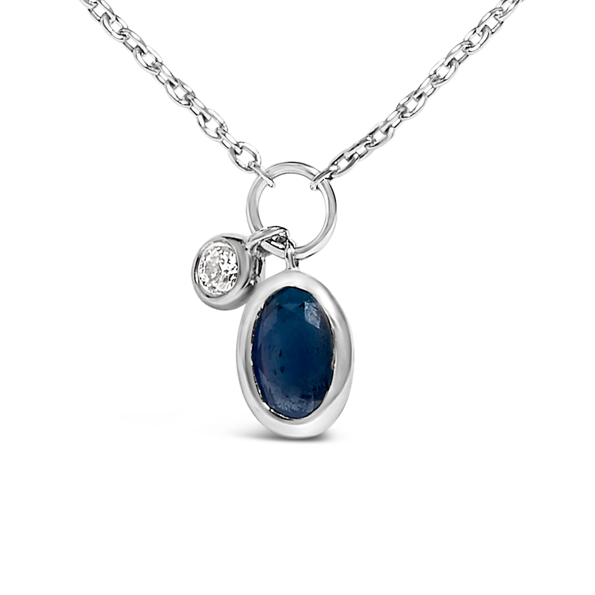 10K White Gold Oval Blue Sapphire and Diamond Double Charm Pendant Necklace - 18