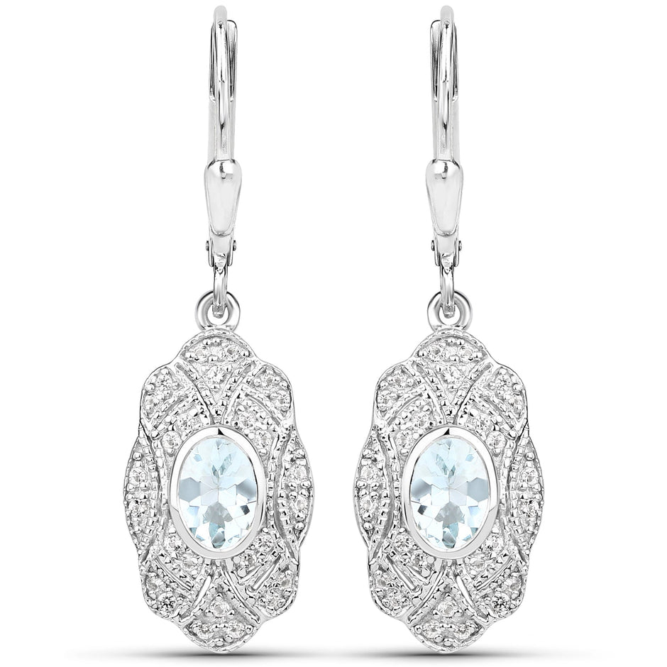 0.96 Carat Genuine Aquamarine and White Topaz .925 Sterling Silver Earrings