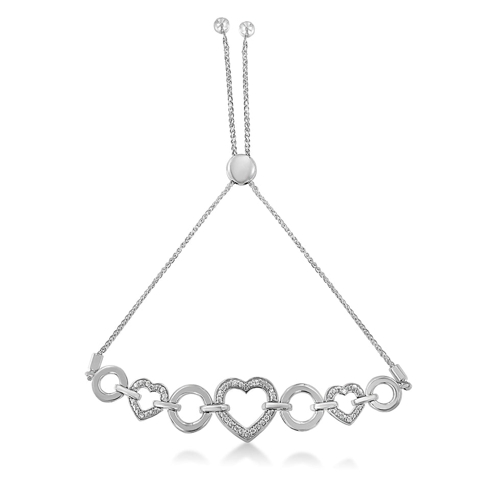 .925 Sterling Silver 1/10 Cttw Round-Cut Diamond Heart-Link Adjustable Bolo Bracelet ( H-I Color, I2-I3 Clarity) - 6