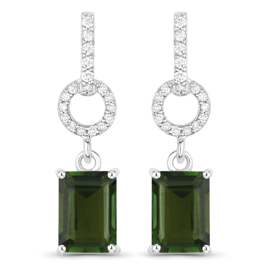 2.28 Carat Genuine Green Tourmaline and White Diamond 14K White Gold Earrings
