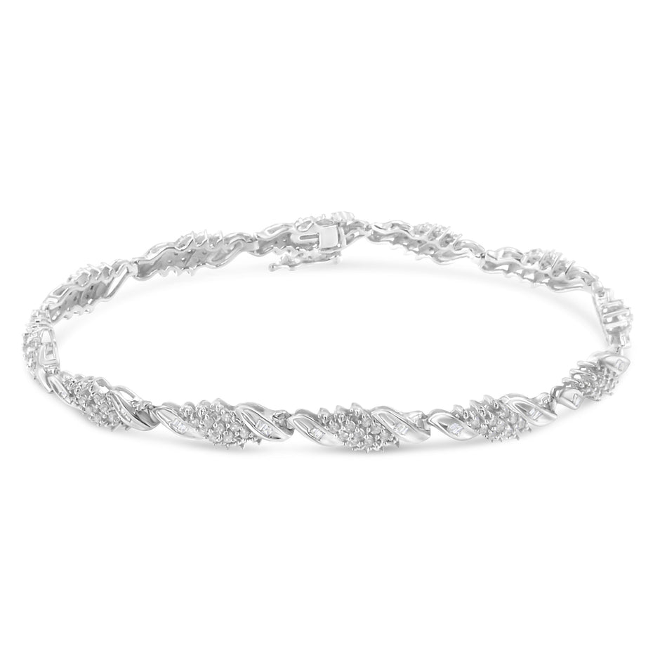 .925 Sterling Silver 1-1/2 Cttw Round and Baguette Cut Diamond Wave Link Bracelet (I-J Color, I2-I3 Clarity) - 7
