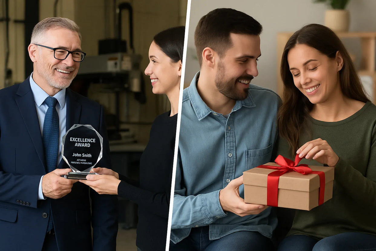 Two separate images: one of a man holding an award, the other of a couple opening a gift.