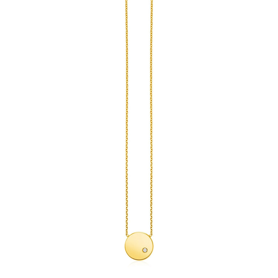 14k Yellow Gold Necklace with Polished Round Pendant with Diamond