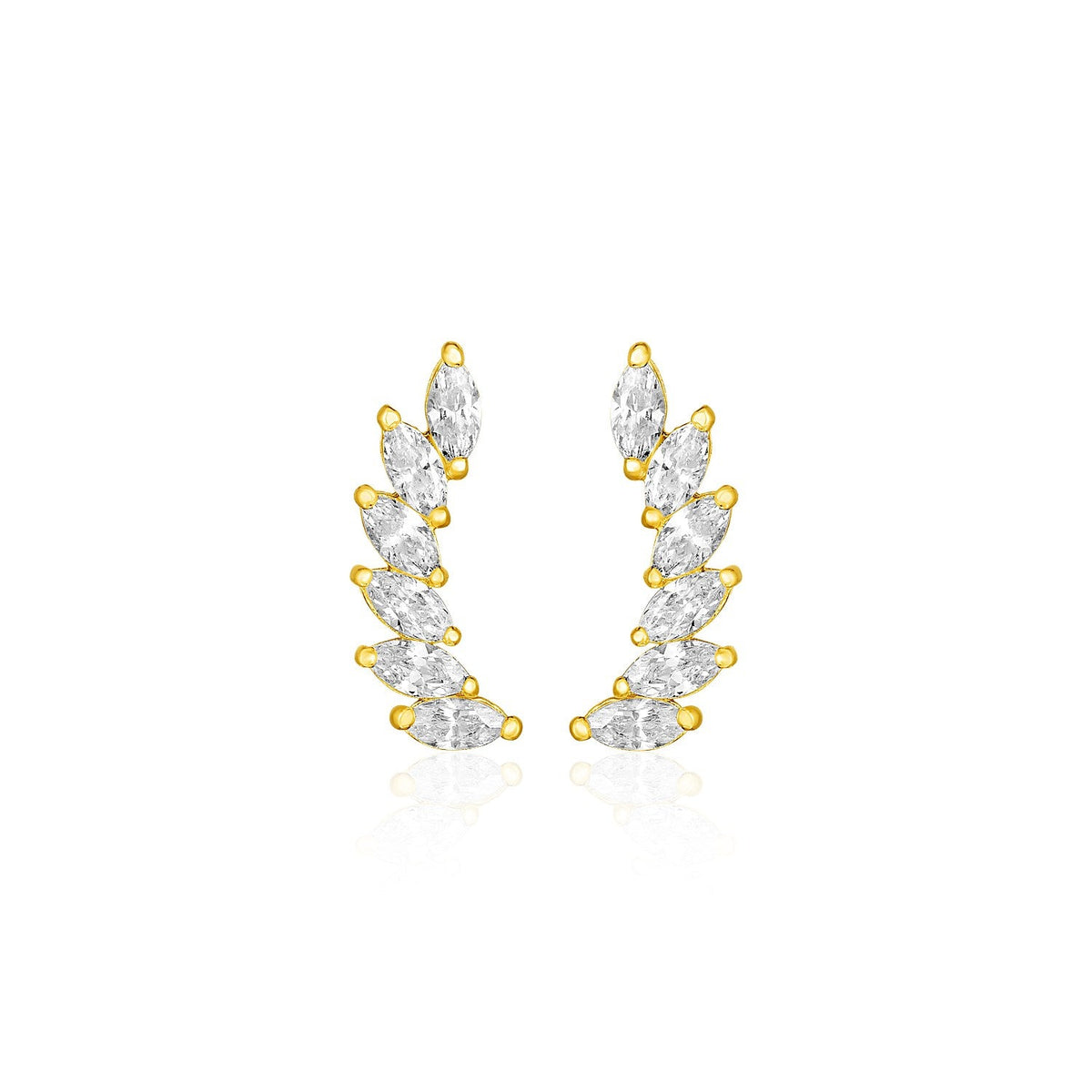 14k Yellow Gold Leaf Motif Climber Post Earrings with Marquise Cubic Zirconias