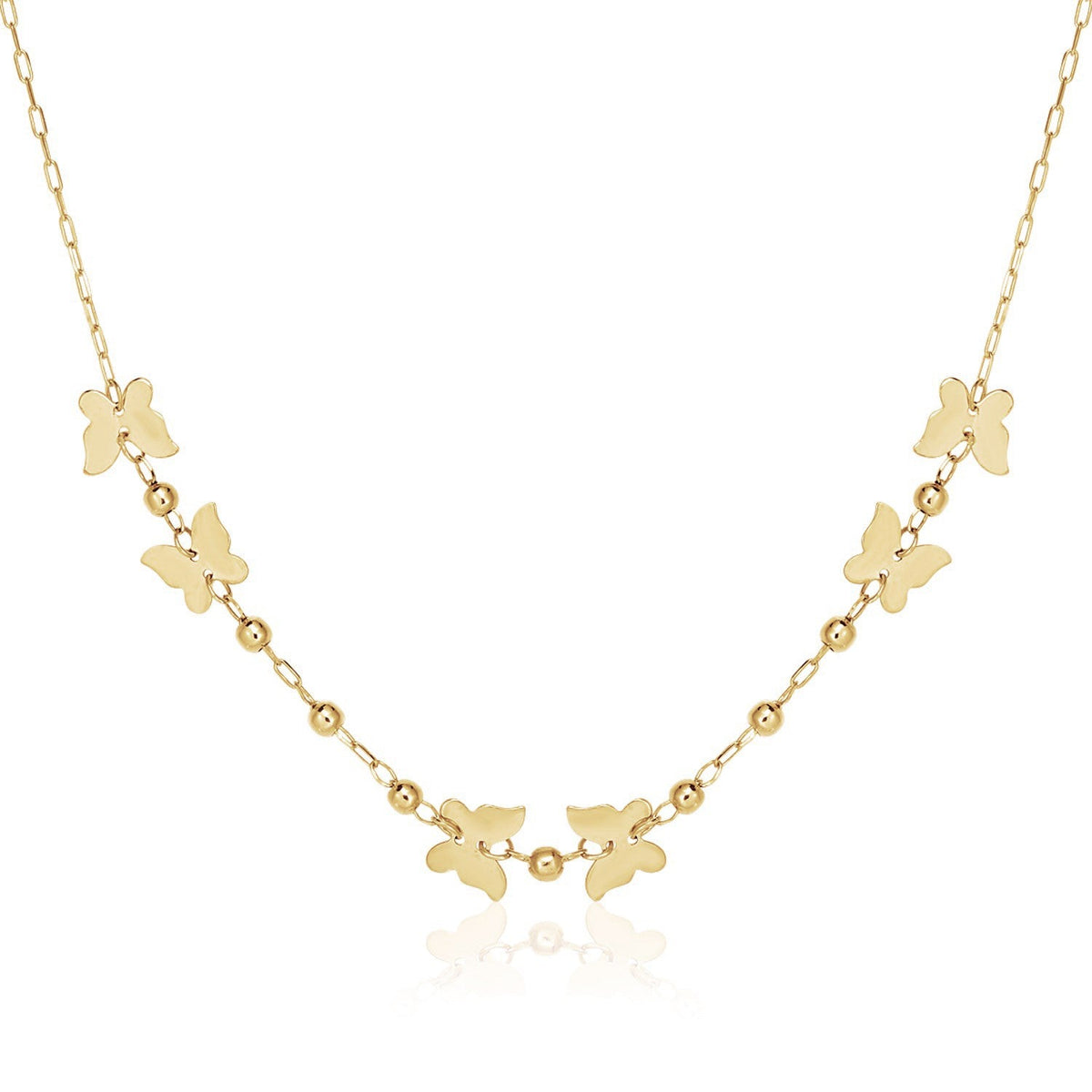 14k Yellow Gold 18 inch Necklace with Polished Butterflies and Beads