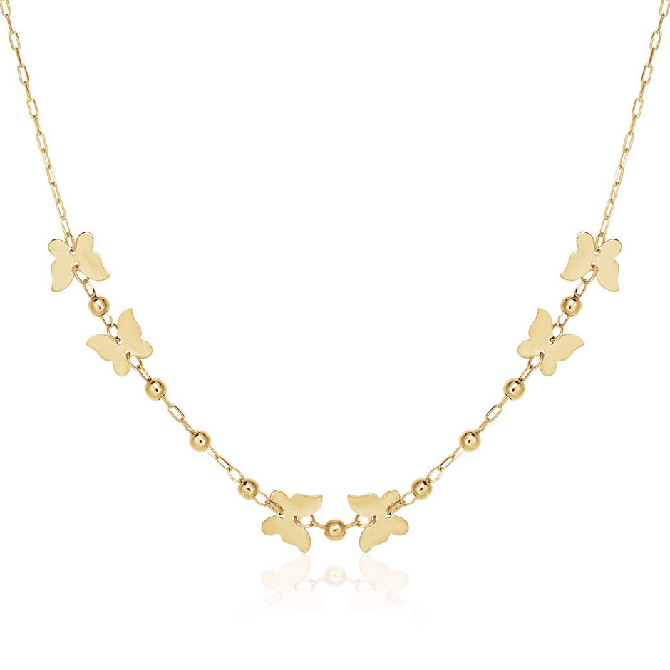 14k Yellow Gold 18 inch Necklace with Polished Butterflies and Beads