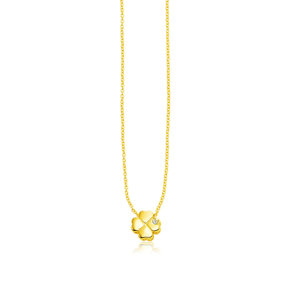 14k Yellow Gold Polished Four Leaf Clover Necklace with Diamond