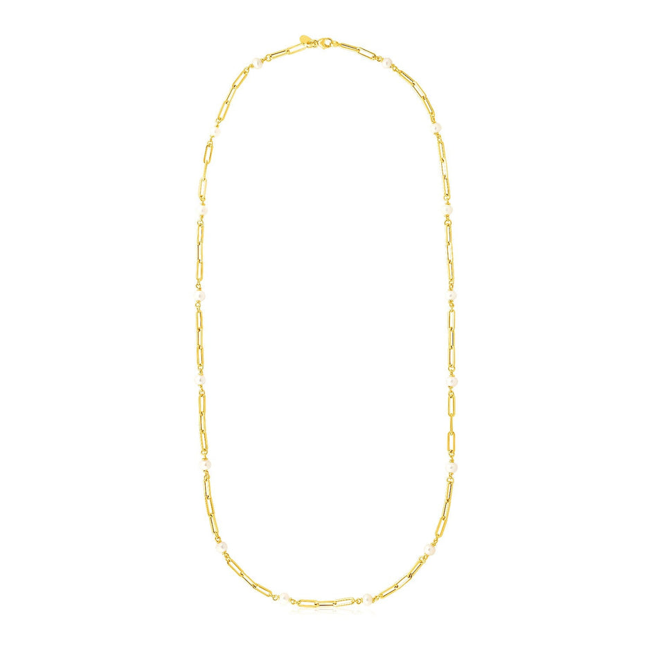 14k Yellow Gold Paperclip Chain and Pearl Necklace