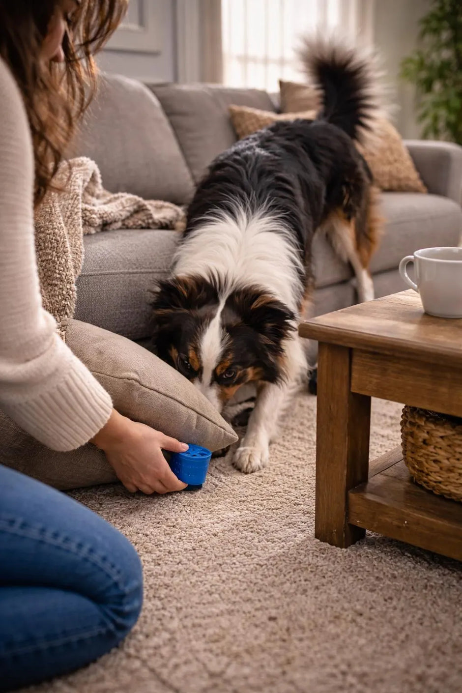 Person sitting on the floor with a dog in a living room