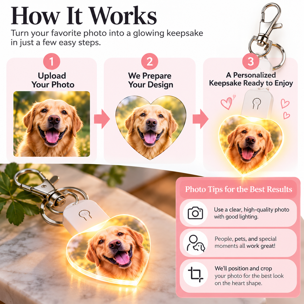 Personalized LED Heart Photo Keychain – Custom Light-Up Photo Keepsake
