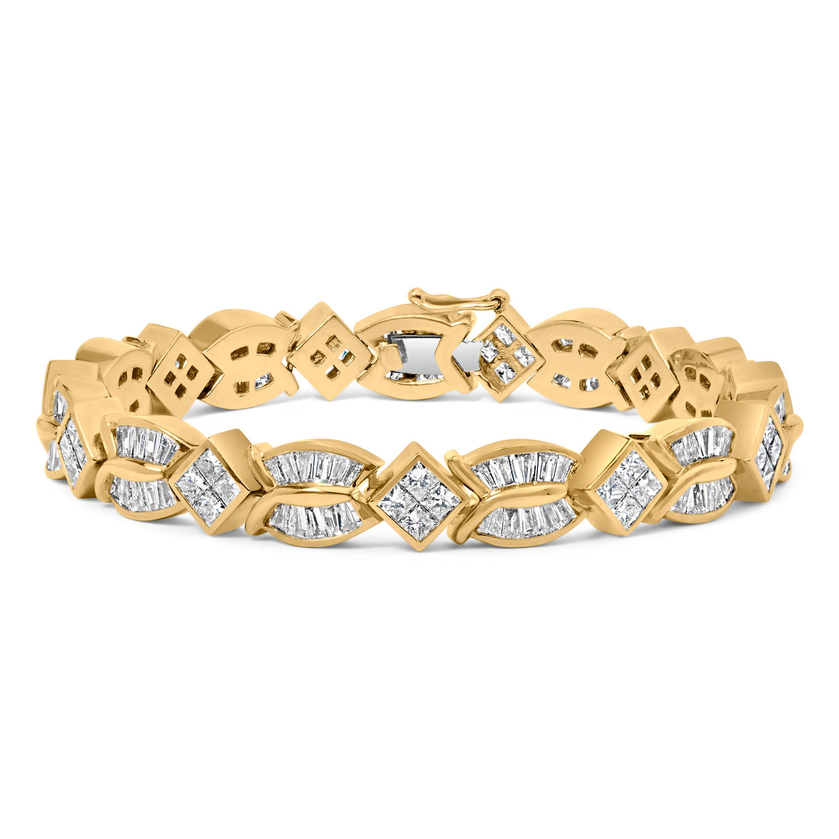 14K Yellow Gold 8 1/5 Cttw Baguette and Princess-Cut Diamond Geometric Twist Link Bracelet (G-H Color, VS1-VS2 Clarity) - Size 7