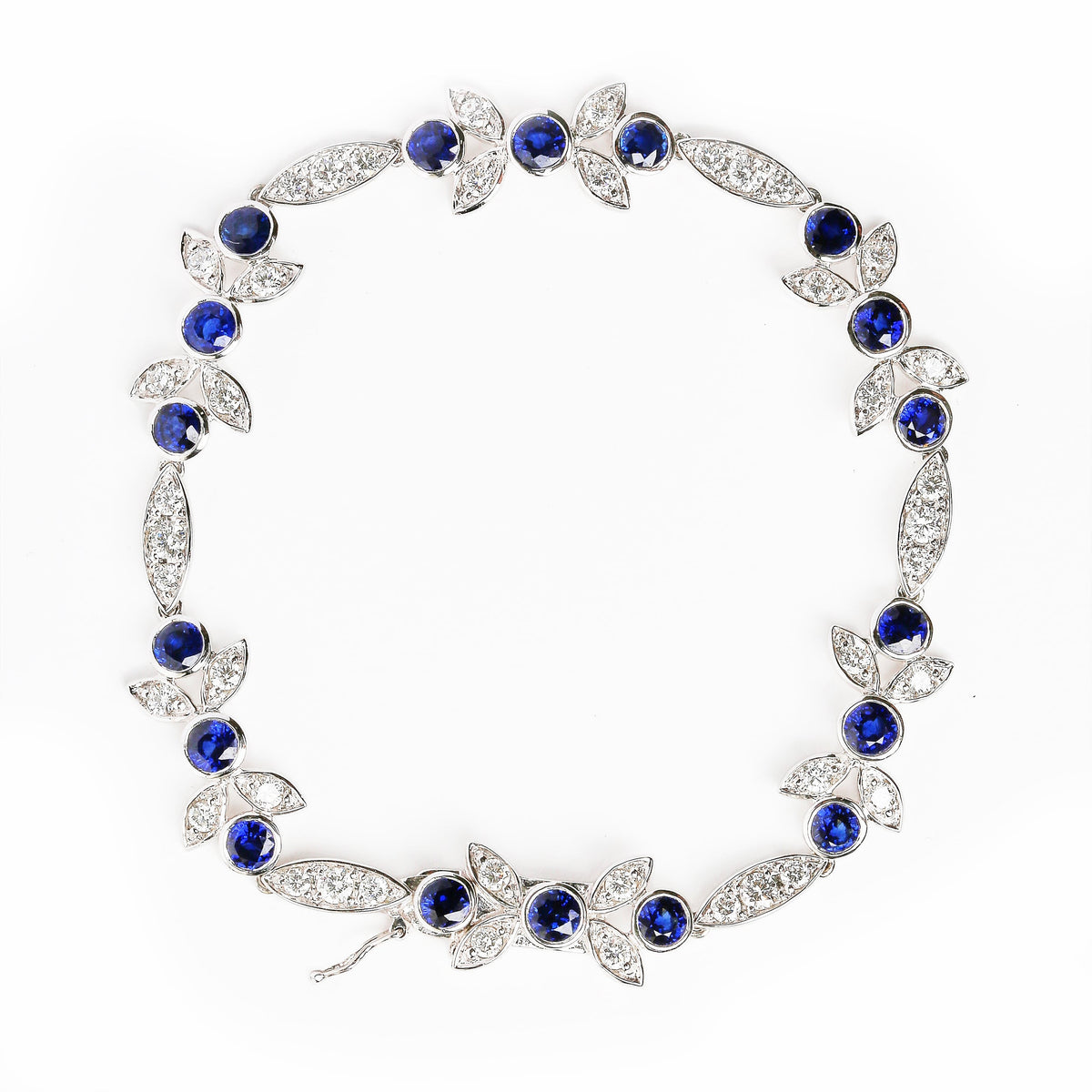 18K White Gold 1 3/4 Cttw Diamond and 3x3mm Round Blue Sapphire Gemstone Floral Link Bracelet (G-H Color, SI1-SI2 Clarity) - Size 7